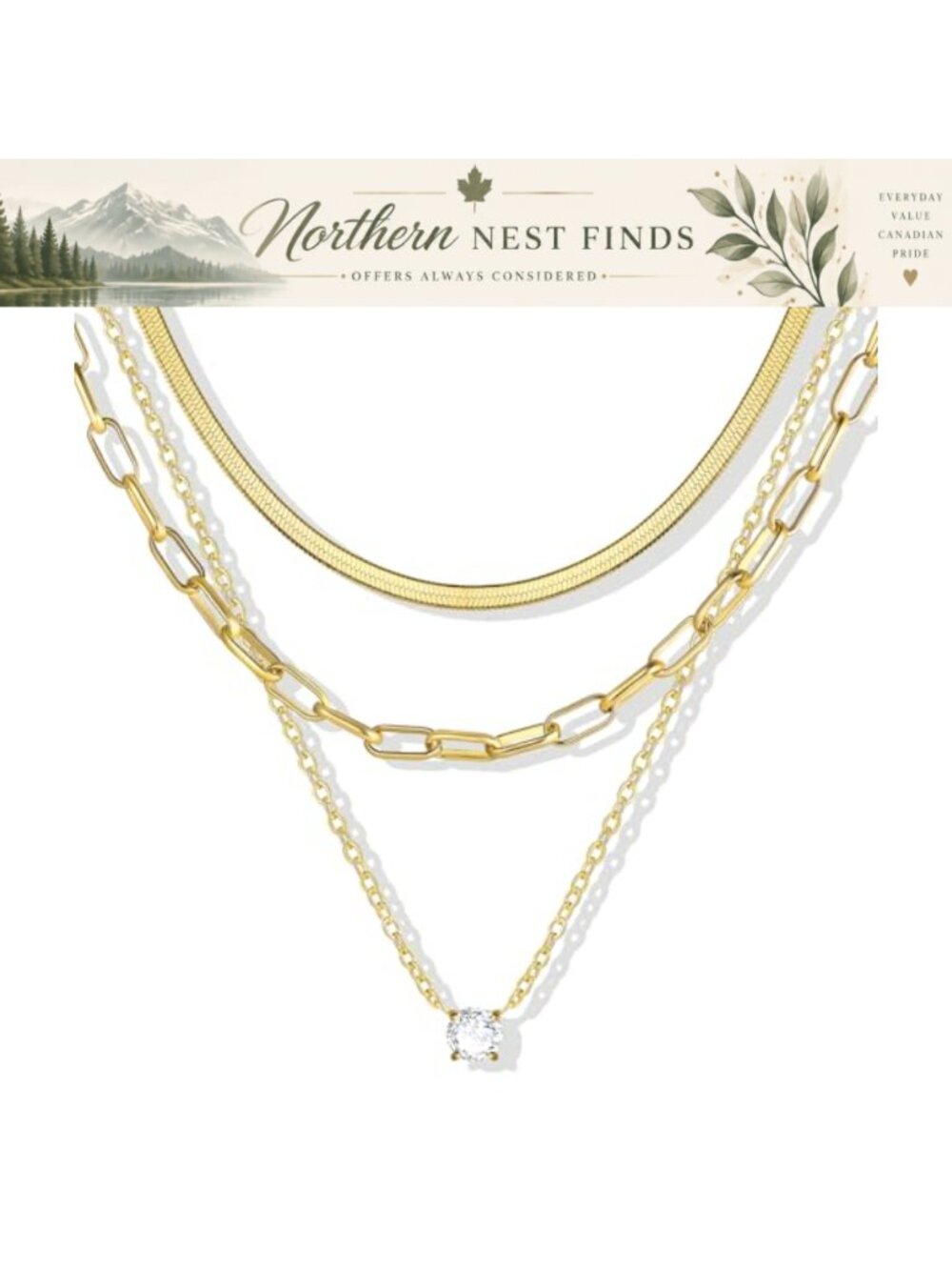 14K Gold Plated Layered Choker Necklace CZ Cross Pendant Dainty Snake Chain